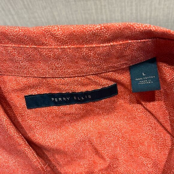 Perry Ellis Mens Button Front Shirt Sz Large Orange-Red w/White Dots Short Sleev - Picture 4 of 6